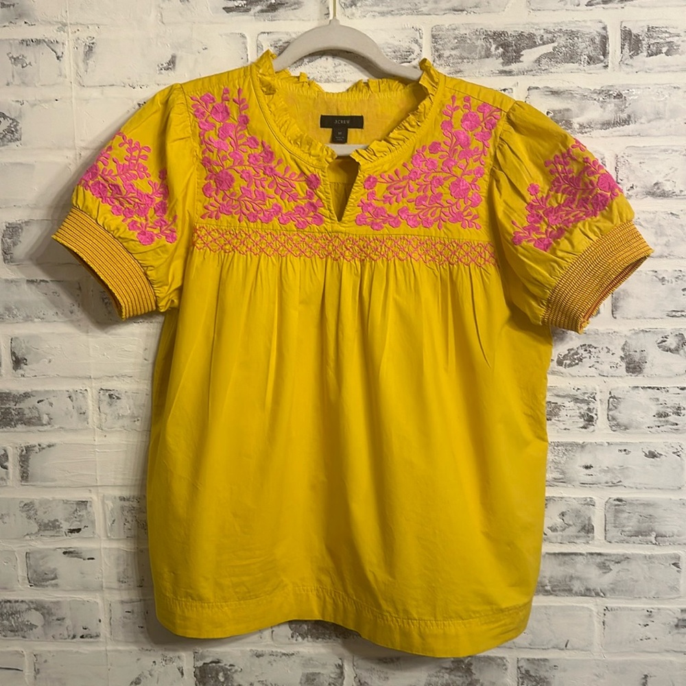 J. Crew Embroidered Poplin Puff Sleeve Top